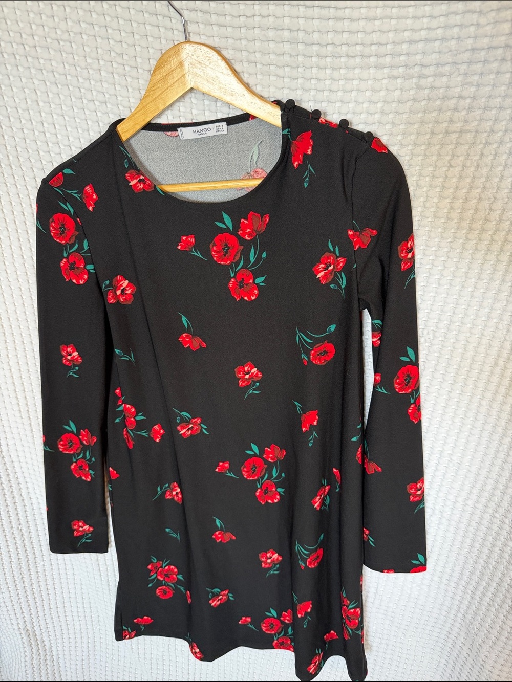 Mango Black Long-Sleeve Dress with Red Floral Print